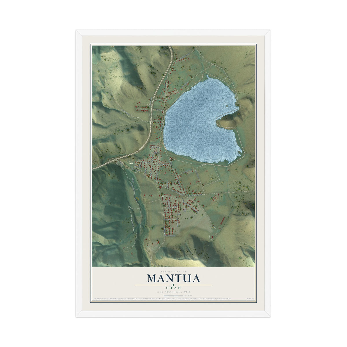 Map of Mantua, Utah, 12 x 18 inch print in a white wood frame
