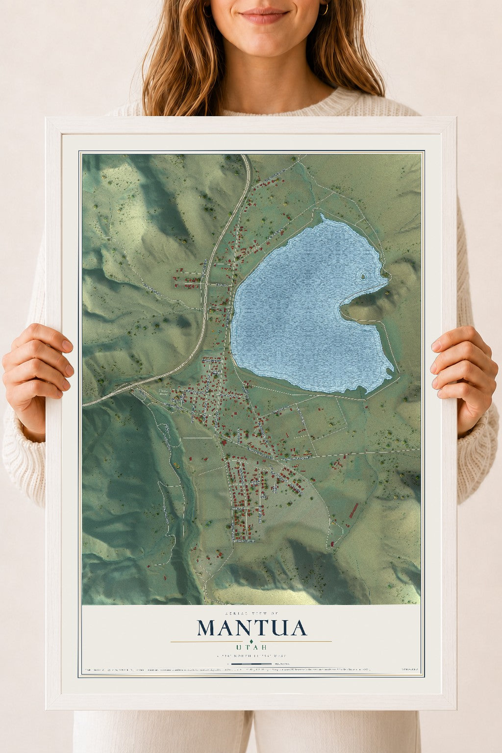 Map of Mantua, Utah, 18 x 24 inch print in a white wood frame