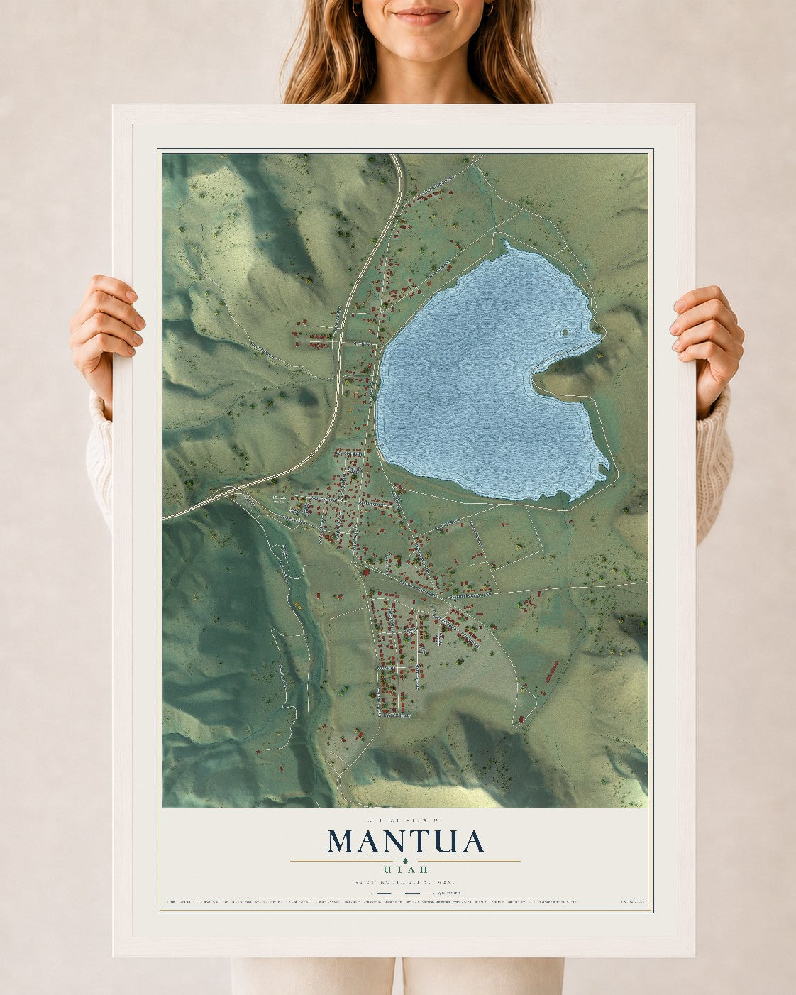 Map of Mantua, Utah, 24 x 36 inch print in a white wood frame