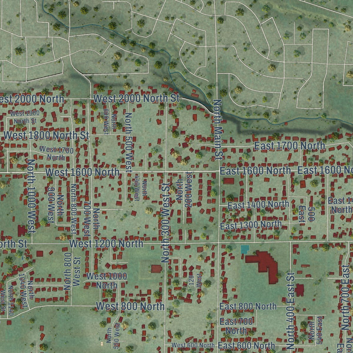 Close-up of the map of Mapleton, Utah print showing street and building detail