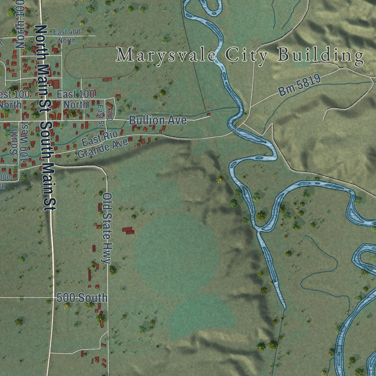 Second close-up of the map of Marysvale, Utah print showing more streets and buildings