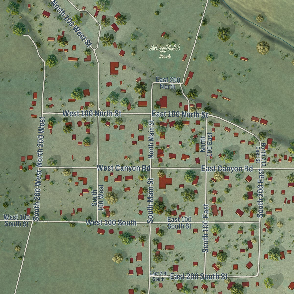Close-up of the map of Mayfield, Utah print showing street and building detail