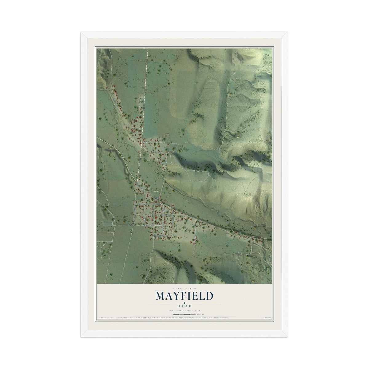 Map of Mayfield, Utah, 12 x 18 inch print in a white wood frame