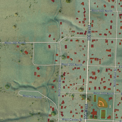 Close-up of the map of Mendon, Utah print showing street and building detail