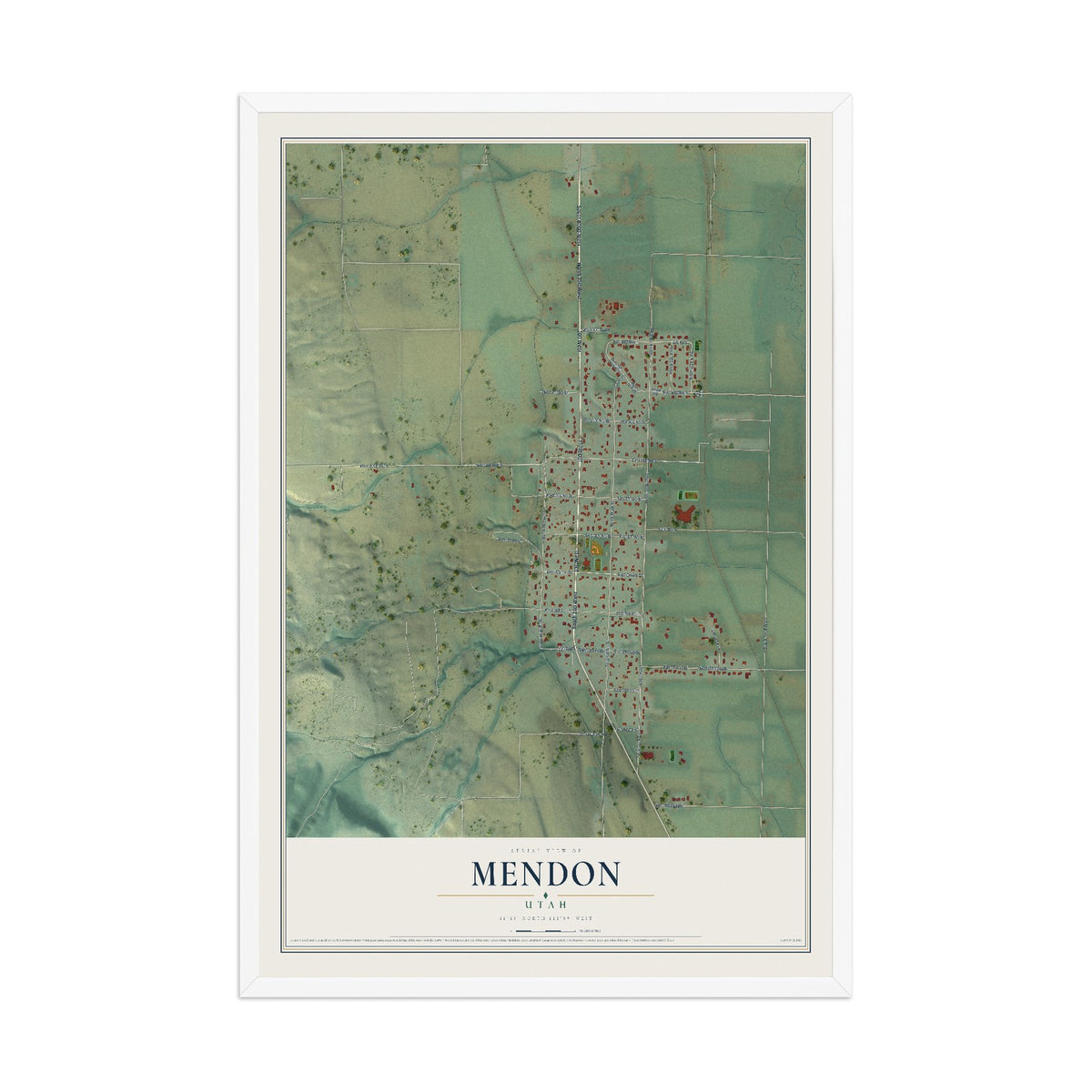 Map of Mendon, Utah, 12 x 18 inch print in a white wood frame