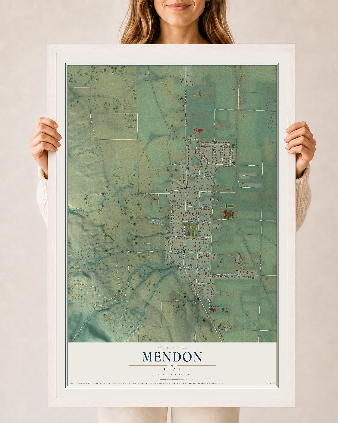 Map of Mendon, Utah, 24 x 36 inch print in a white wood frame