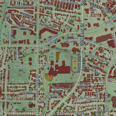 Close-up of the map of Midvale, Utah print showing street and building detail