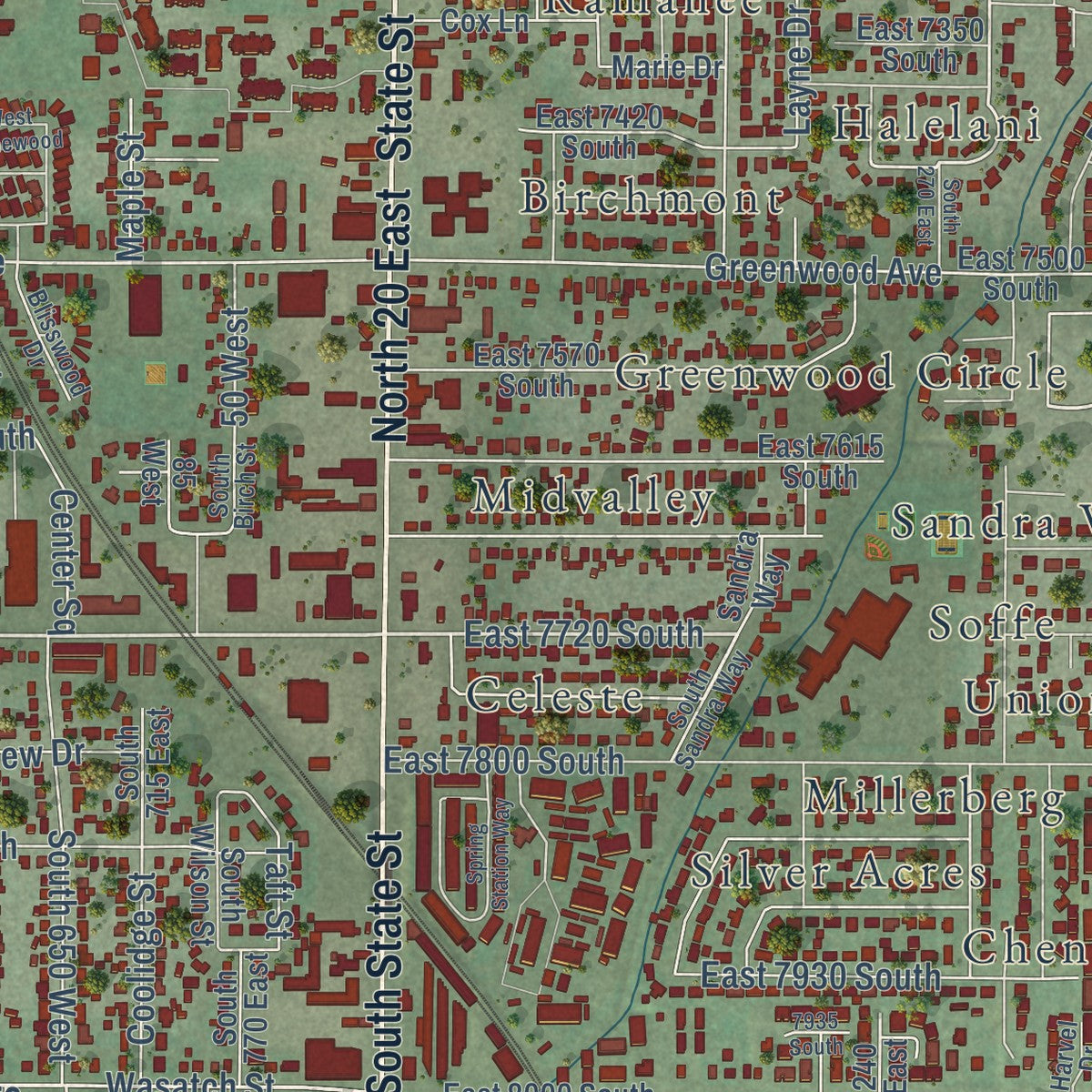 Second close-up of the map of Midvale, Utah print showing more streets and buildings