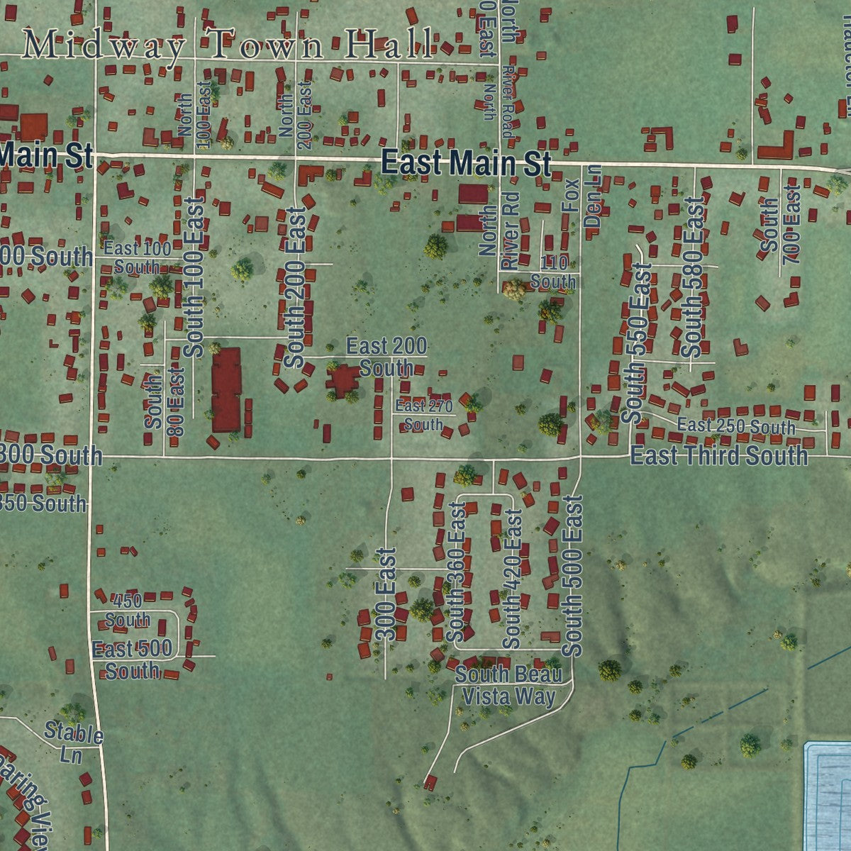 Close-up of the map of Midway, Utah print showing street and building detail