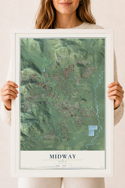 Map of Midway, Utah, 18 x 24 inch print in a white wood frame
