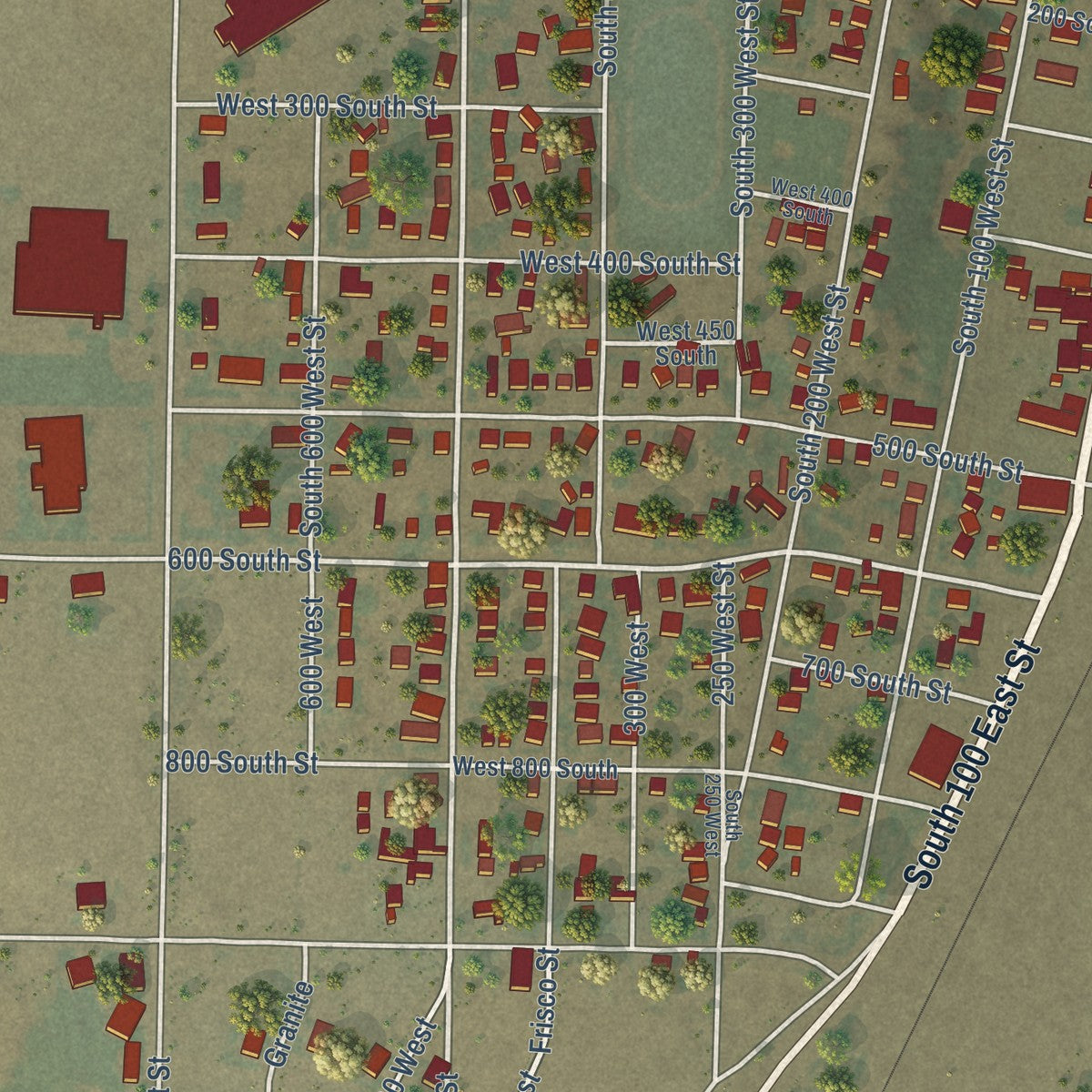 Close-up of the map of Milford, Utah print showing street and building detail