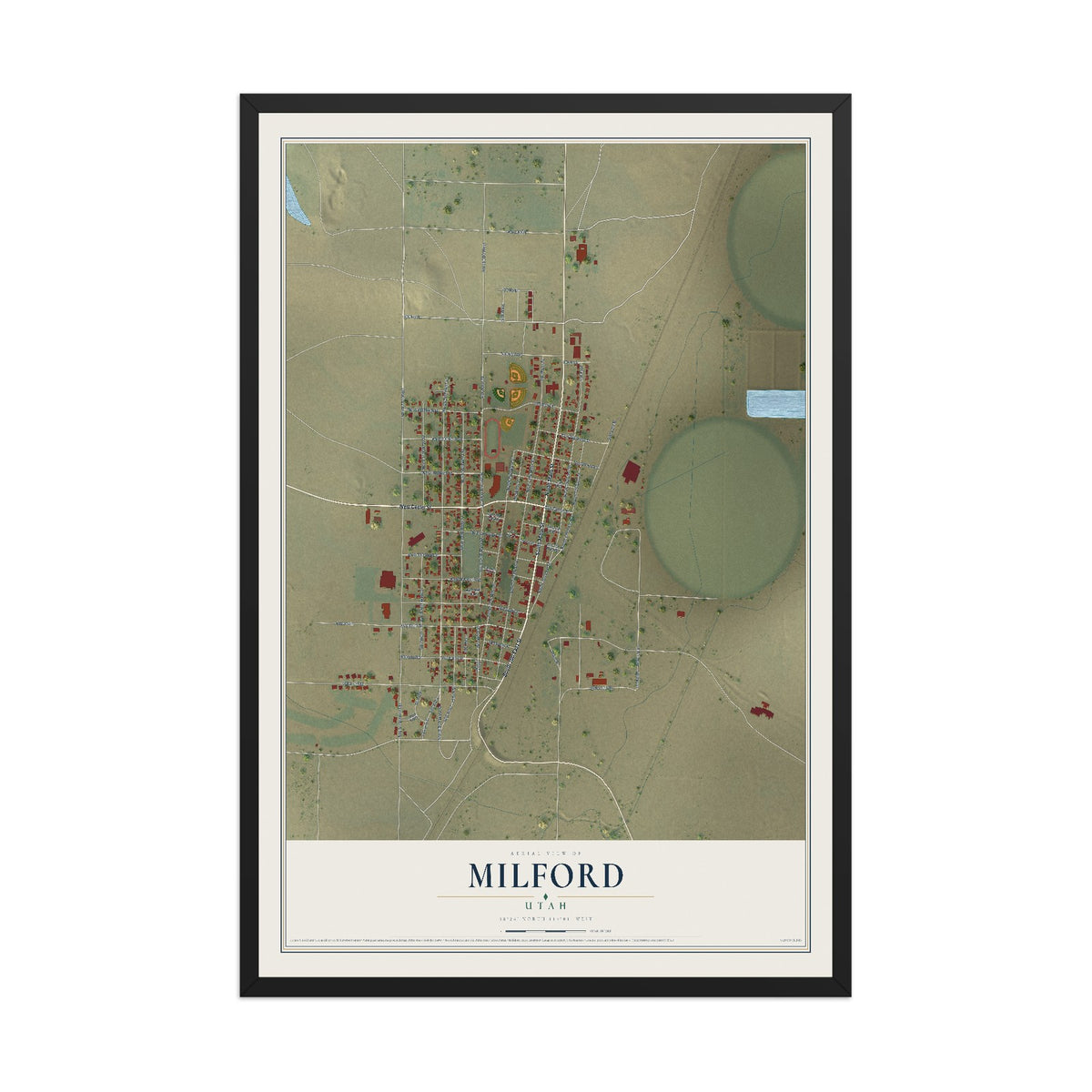 Map of Milford, Utah, 12 x 18 inch print in a black wood frame