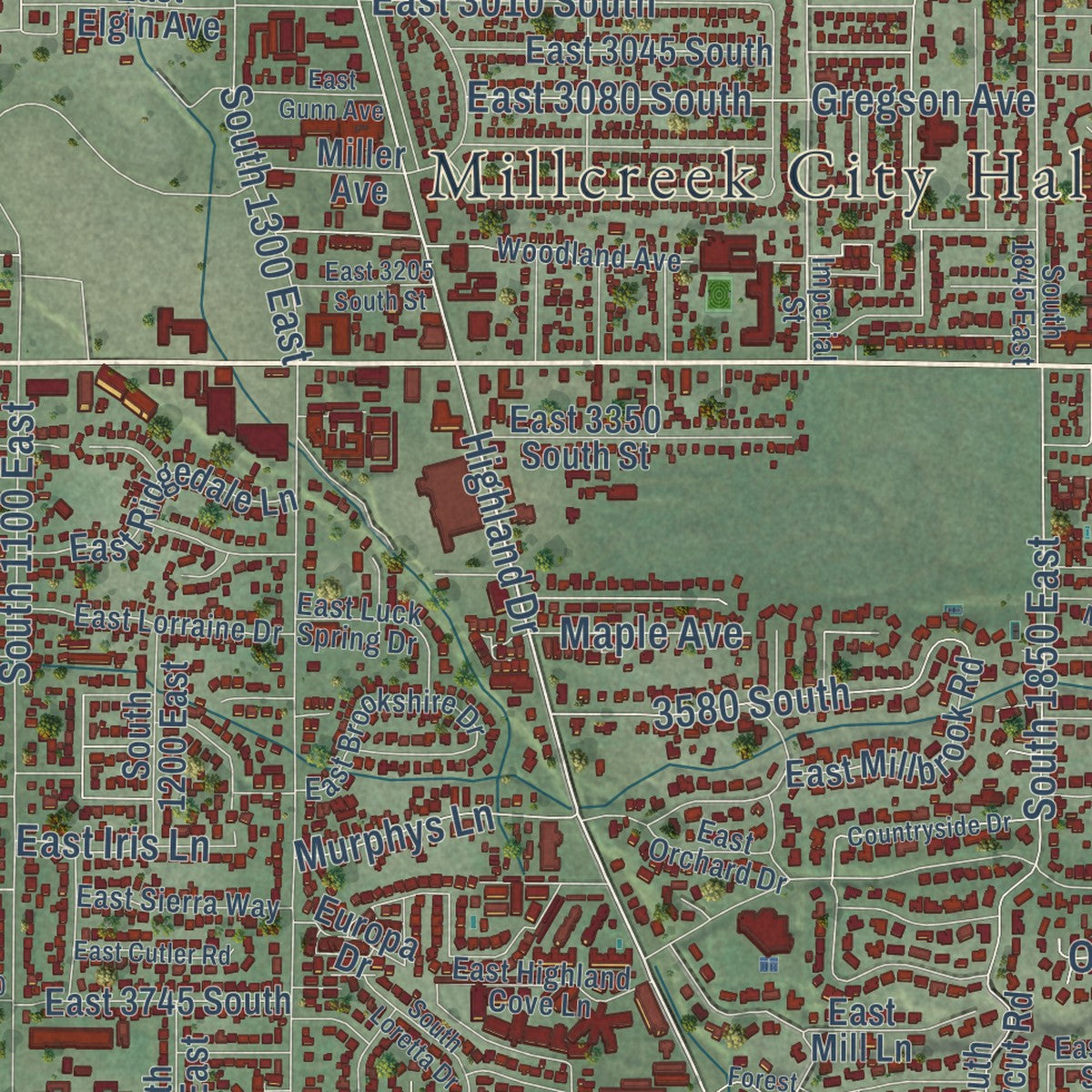 Second close-up of the map of Millcreek, Utah print showing more streets and buildings