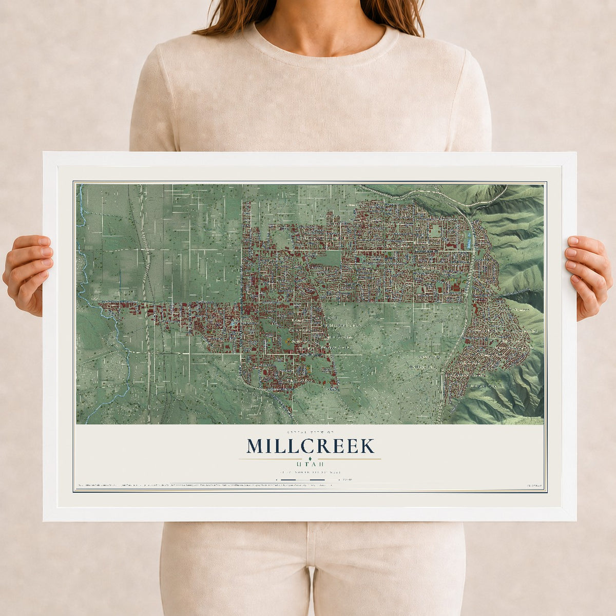 Map of Millcreek, Utah, 12 x 18 inch print in a white wood frame