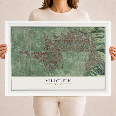 Map of Millcreek, Utah, 18 x 24 inch print in a white wood frame