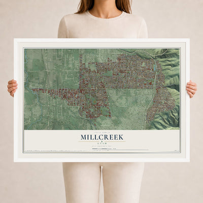 Map of Millcreek, Utah, 24 x 36 inch print in a white wood frame