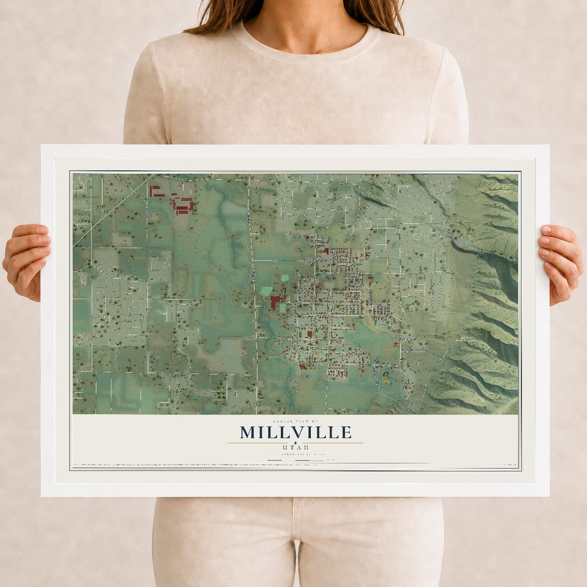 Map of Millville, Utah, 12 x 18 inch print in a white wood frame