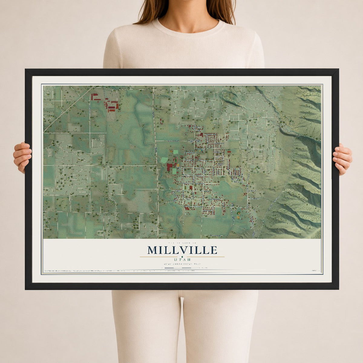 Map of Millville, Utah, 24 x 36 inch print in a black wood frame