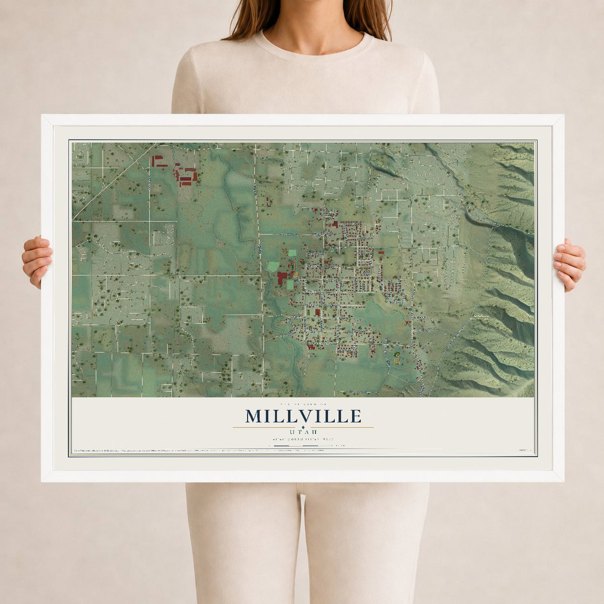 Map of Millville, Utah, 24 x 36 inch print in a white wood frame