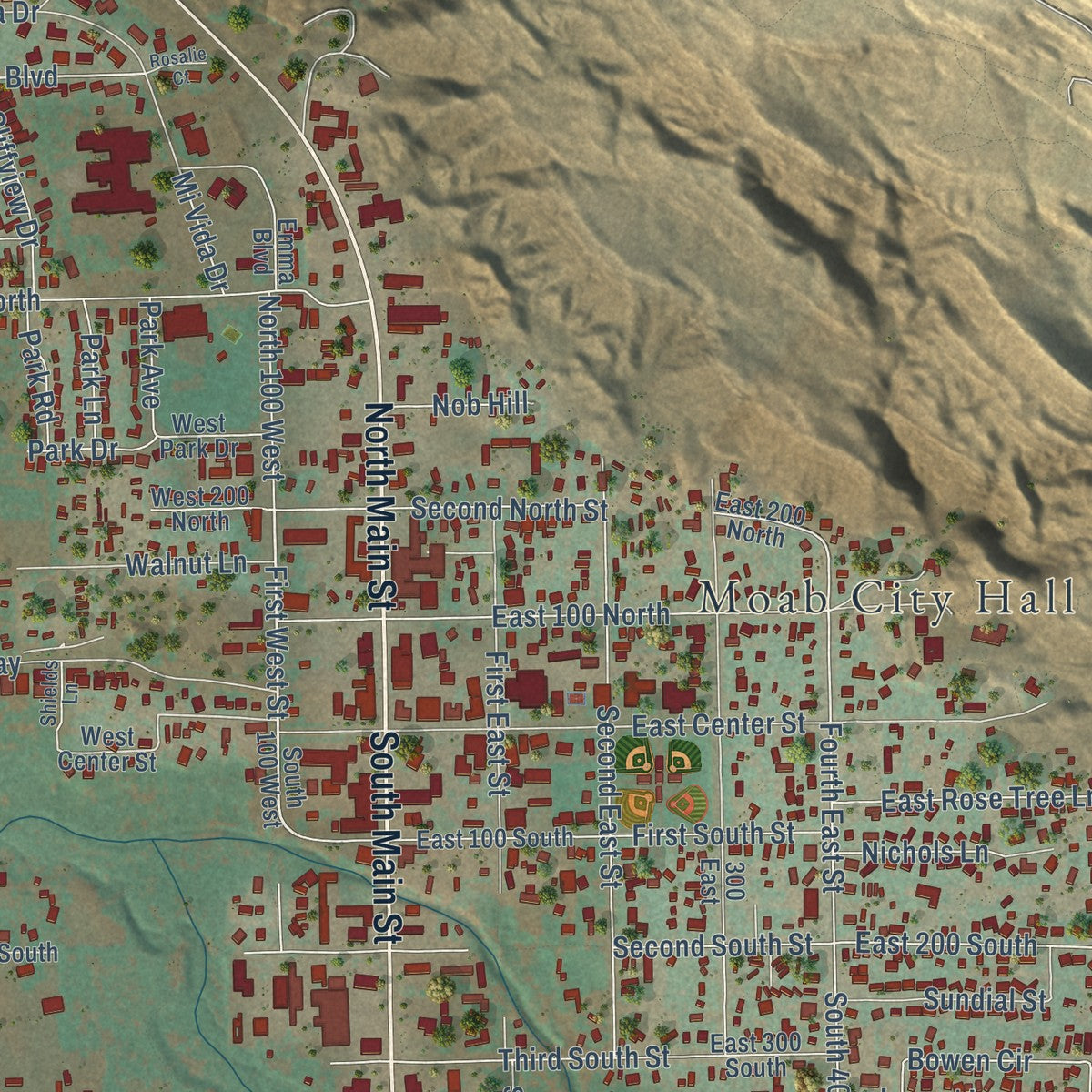 Close-up of the map of Moab, Utah print showing street and building detail