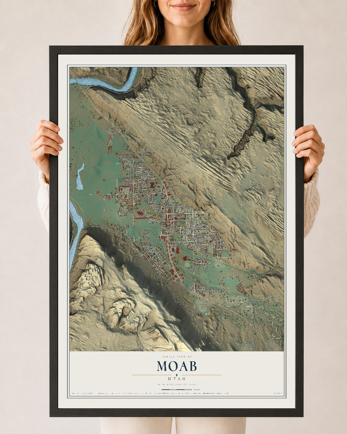 Map of Moab, Utah, 24 x 36 inch print in a black wood frame