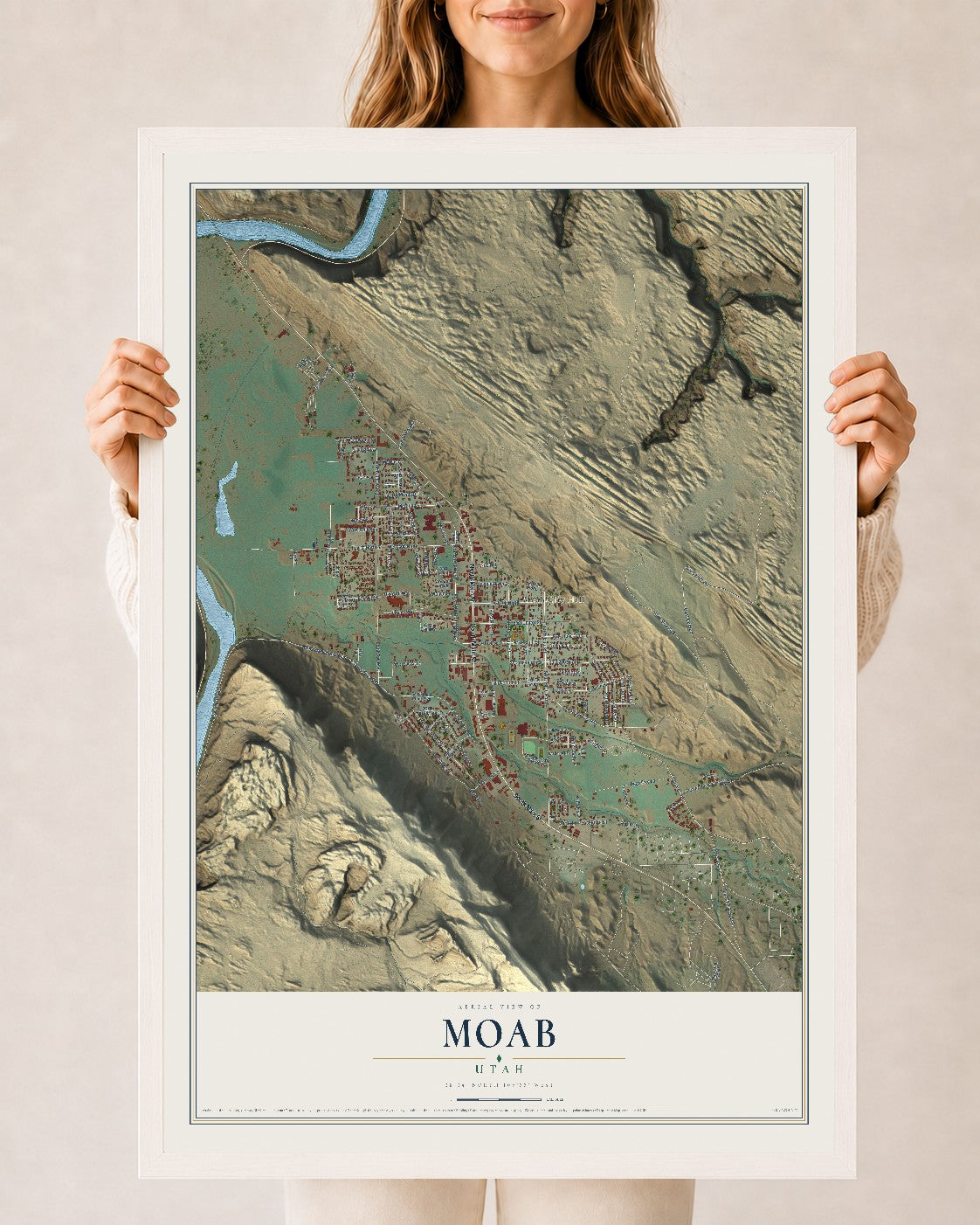 Map of Moab, Utah, 24 x 36 inch print in a white wood frame