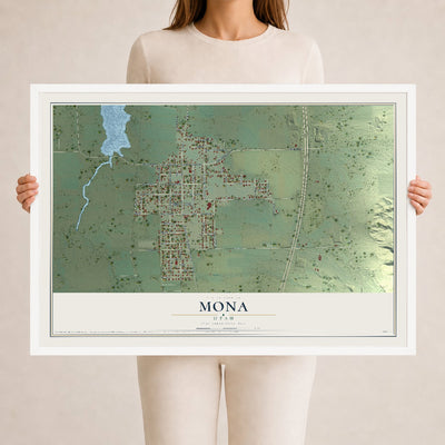 Map of Mona, Utah, 24 x 36 inch print in a white wood frame
