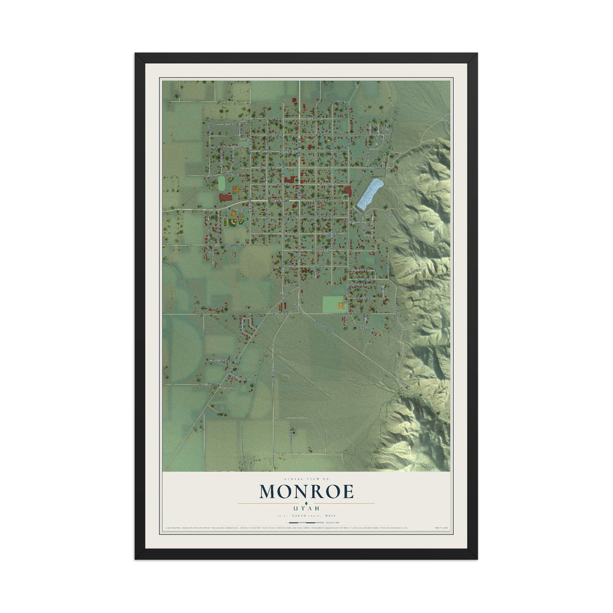 Map of Monroe, Utah, 12 x 18 inch print in a black wood frame