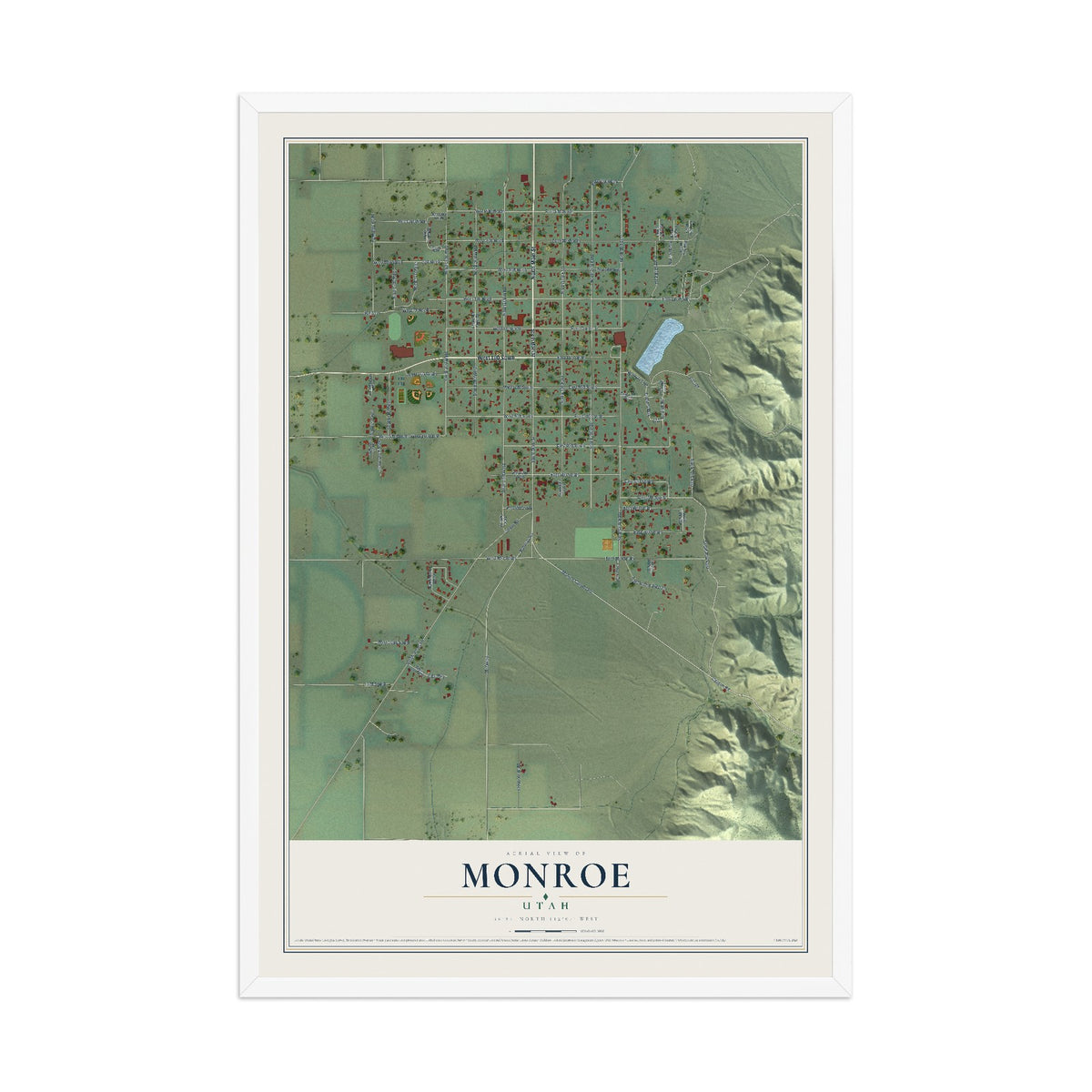 Map of Monroe, Utah, 12 x 18 inch print in a white wood frame