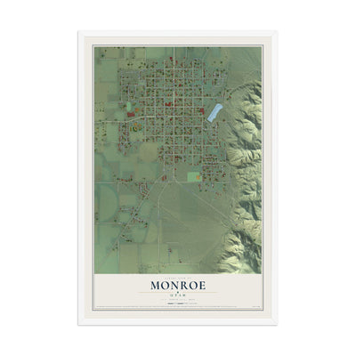 Map of Monroe, Utah, 12 x 18 inch print in a white wood frame