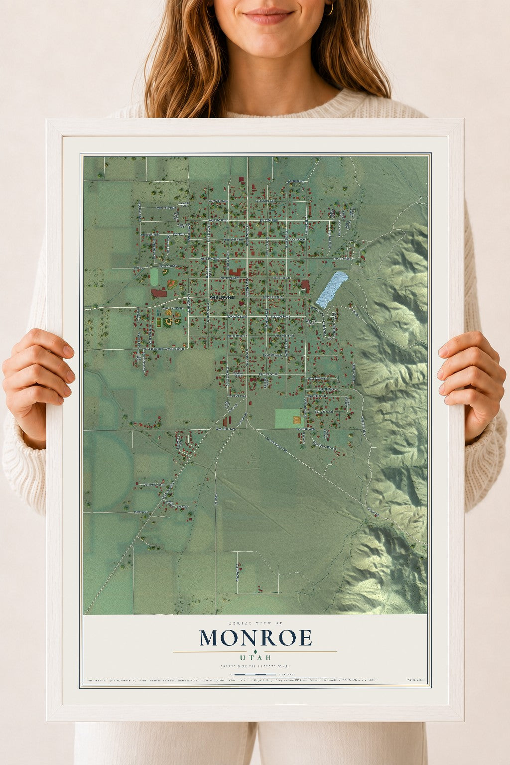 Map of Monroe, Utah, 18 x 24 inch print in a white wood frame