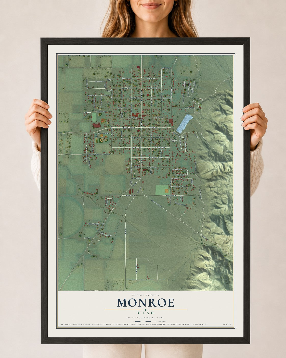 Map of Monroe, Utah, 24 x 36 inch print in a black wood frame