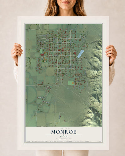 Map of Monroe, Utah, 24 x 36 inch print in a white wood frame