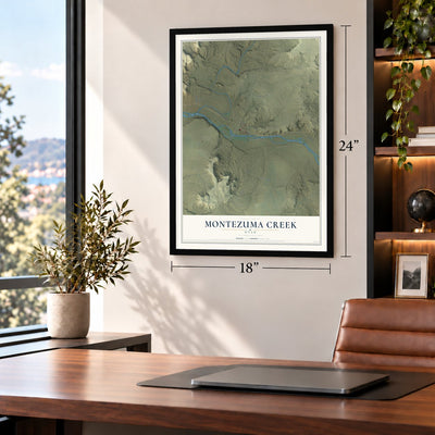 Montezuma Creek, Utah map, 18 x 24 inch print in a black frame in a home office