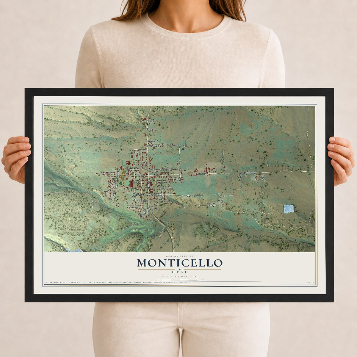Map of Monticello, Utah, 12 x 18 inch print in a black wood frame