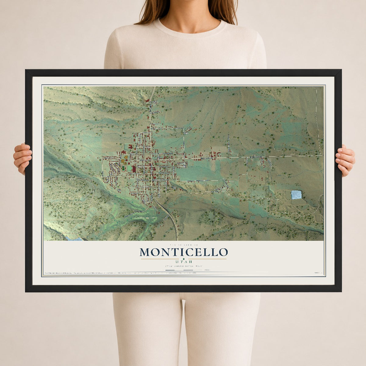 Map of Monticello, Utah, 24 x 36 inch print in a black wood frame
