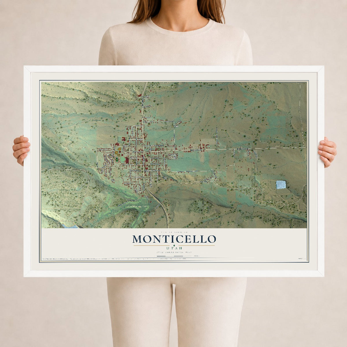 Map of Monticello, Utah, 24 x 36 inch print in a white wood frame