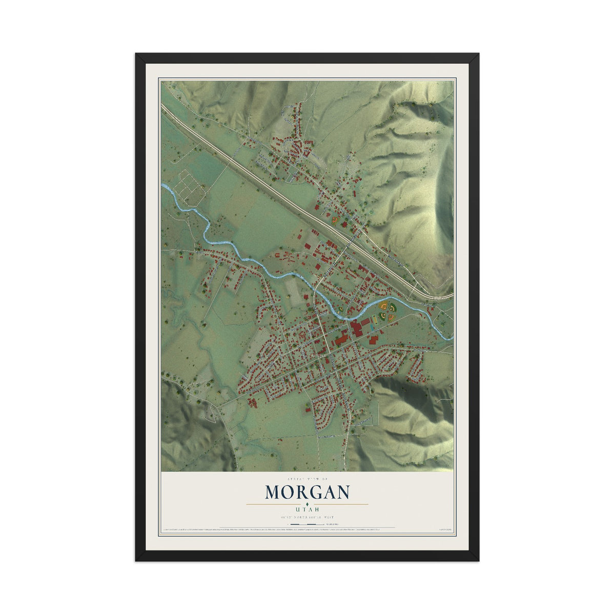 Map of Morgan, Utah, 12 x 18 inch print in a black wood frame