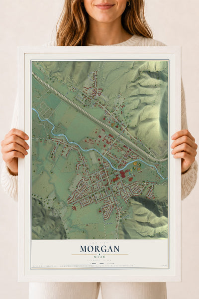 Map of Morgan, Utah, 18 x 24 inch print in a white wood frame