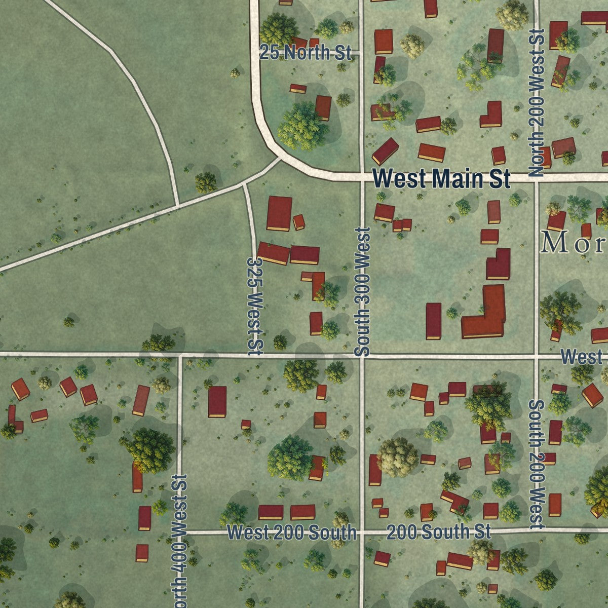 Second close-up of the map of Moroni, Utah print showing more streets and buildings