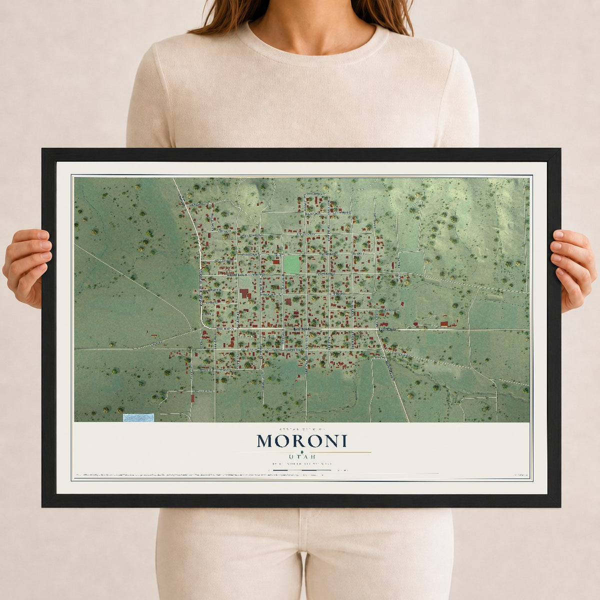 Map of Moroni, Utah, 12 x 18 inch print in a black wood frame