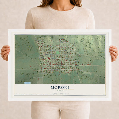 Map of Moroni, Utah, 12 x 18 inch print in a white wood frame