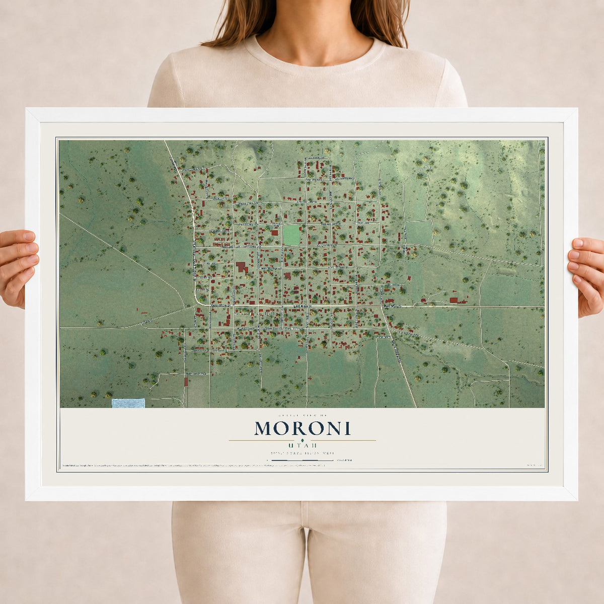 Map of Moroni, Utah, 18 x 24 inch print in a white wood frame