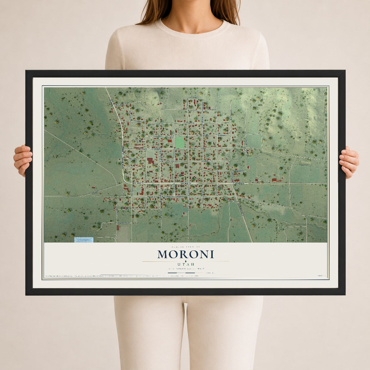 Map of Moroni, Utah, 24 x 36 inch print in a black wood frame