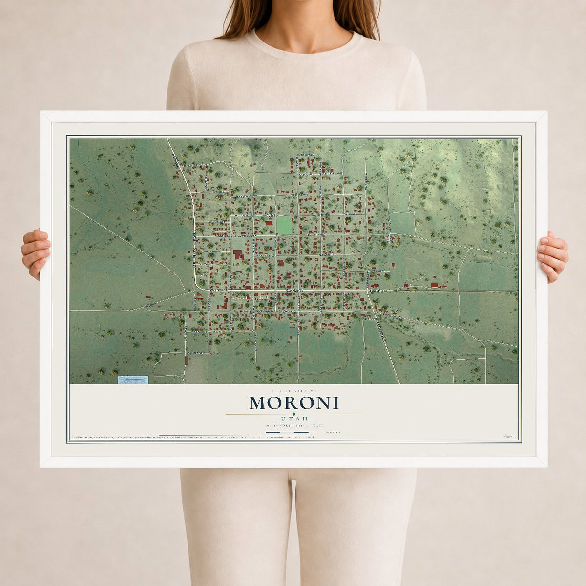 Map of Moroni, Utah, 24 x 36 inch print in a white wood frame