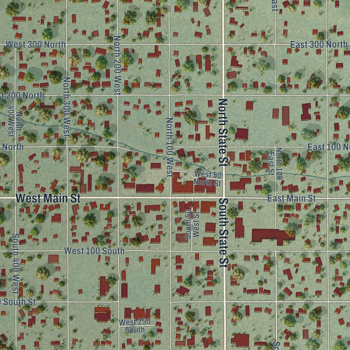 Close-up of the map of Mount Pleasant, Utah print showing street and building detail