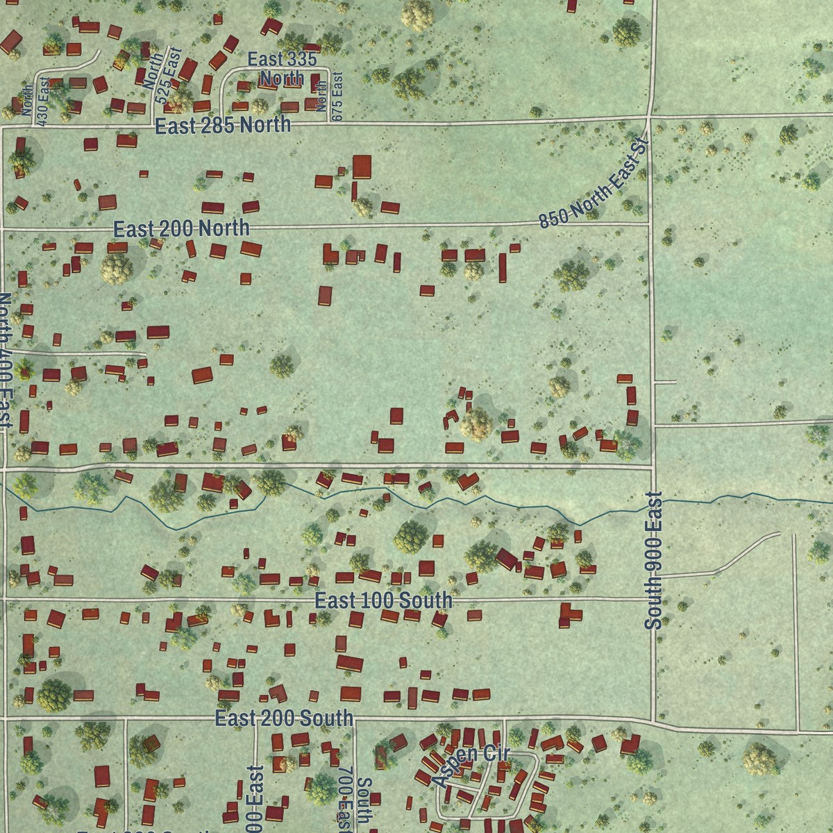 Second close-up of the map of Mount Pleasant, Utah print showing more streets and buildings