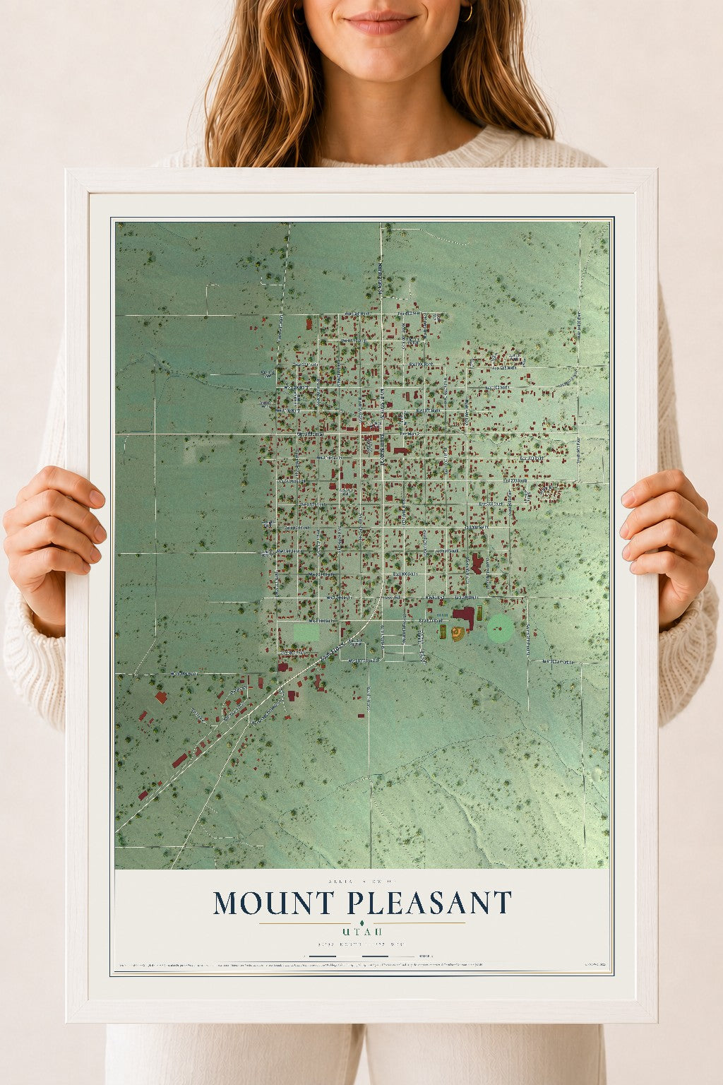 Map of Mount Pleasant, Utah, 18 x 24 inch print in a white wood frame