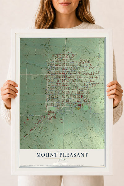 Map of Mount Pleasant, Utah, 18 x 24 inch print in a white wood frame