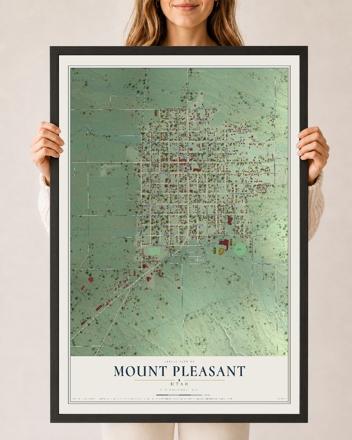 Map of Mount Pleasant, Utah, 24 x 36 inch print in a black wood frame